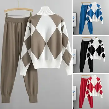 Дамски пуловери, костюми, комплекти, есен-зима, дебели меки възли комплекти, пуловери + дълги панталони, Всекидневни, Спортни костюми от 2 бр.