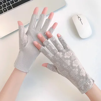 Дамски фини ластични дантелени слънчеви ръкавици за шофиране, нескользящие Дишащи ръкавици за изграждане на нокти, ръкавици без пръсти от ледената коприна с отворени пръсти