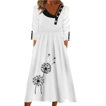 Дамско модно Универсално Свободно рокля с наклонена деколте и дълъг ръкав с принтом, летен случайни дълъг сарафан за жени