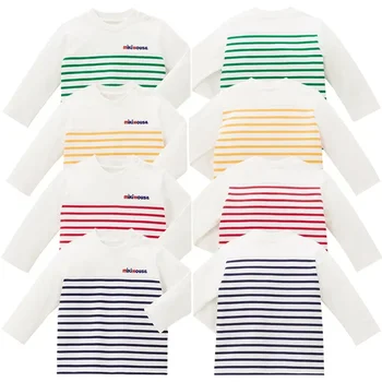 Детски дрехи 2022 Японската модна марка За момчета и момичета с прости писмото логото, раирана тениска с дълъг ръкав и яка-часова