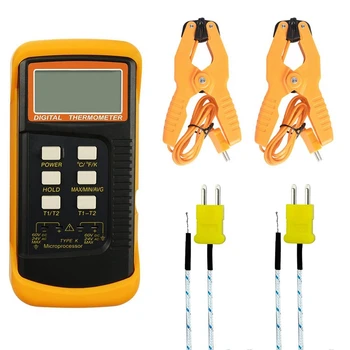 Дигитален термометър тип K, сензори, термометър, 2 скоба за термометър и 2 сензора.