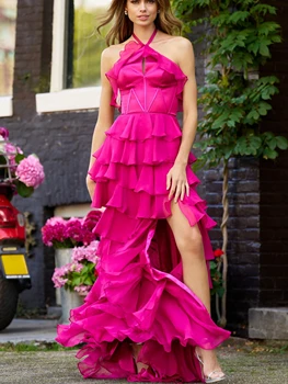 Елегантна секси вечерна рокля цвят Фушии Трапецовидна форма с висока цепка на бретелях, празнична рокля без ръкави с пластове волани, выпускное рокля без ръкави