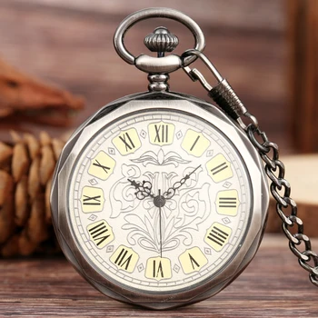 Елегантни реколта римски цифри Мъжки механични часовници джоб с ръчно от Джобен часовник с отворен циферблат на веригата с висулки за Мъже