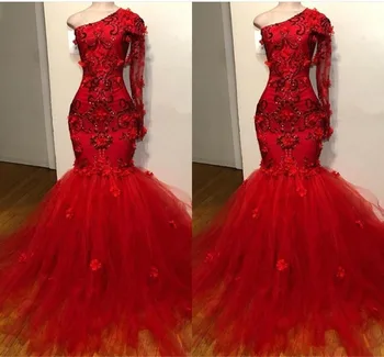 Елегантни червени рокли за абитуриентски бал с дълъг ръкав с едно рамо Вечерни рокли на Русалка 2020 Дантелени апликации от мъниста Рокля за специални случаи