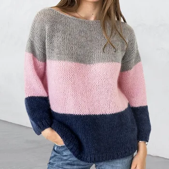 Есенно-зимни дамски дрехи, пуловери, с кръгло деколте, Без вязаный пуловер, пуловер, Всекидневни топла жилетка с дълъг ръкав, пуловери в стил мозайка