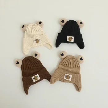 Есенно-зимни детски вязаная шапка с топъл мечка, детска градинска топла детска вязаная капачка за защита на ушите