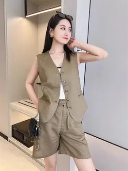 Жена комплект с жилетка, лято 2023, Нови Корейски свободни панталони, Всекидневни модерен елек от две части с V-образно деколте, потник, тънка облекло Z1879