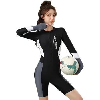 Женски спортен бански костюм за сърф, гмуркане, едно парче бански с дълъг ръкав, Дамски спортни плувни костюми на големия размер, с Ластични