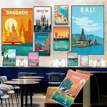 Живописните места по света Бали Сидни Норвегия Градски Туристически плакат ХолстКартина Художествени Пейзажи Стенопис Декорация на всекидневна