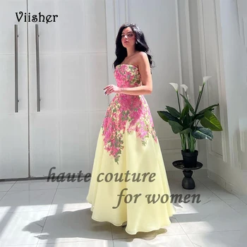 Жълти вечерни рокли трапецовидна форма за жени, апликации от розови цветове, Арабско вечерна рокля за абитуриентски бал без презрамки и дължина до пода, празнични рокли