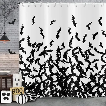 Завеса за душ за Хелоуин Черен прилеп Завеса за душ с ужасен дизайн на Хелоуин Зловеща прилеп Завеса за баня Декор, баня с куки