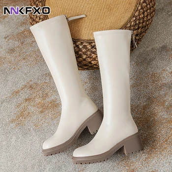 Зимни дамски ботуши до коляното на платформата и средно ток, дизайнерски топли ежедневни ботуши в готически стил, Нова мода масивна обувки 
