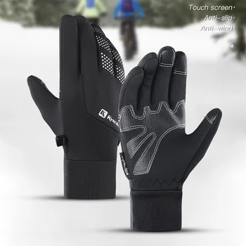 Зимни кожени топли велосипедни ръкавици, износоустойчиви непромокаеми ръкавици със сензорен екран, спортни мотоциклетни ръкавици на открито, черни