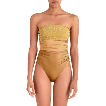 Златни отворени цели бански без презрамки, дамски бански костюми 2023, комплект бикини с миризмата от три части, бански-bandow, плажно облекло