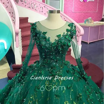 Изумрудено зелено Корсет с пайети и кристали, Мексикански Пищни рокля, Бална рокля С дълъг ръкав, Расшитое мъниста, 3D Цветя, Vestido De XV Anos