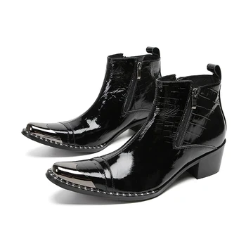 Италиански висококачествени черни ботильоны от естествена кожа под змеиную кожата, мъжки модел обувки Челси на висок ток със стоманена остър бомбе, мъжки обувки