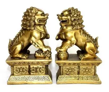 Китайската латунно-бронзова статуя на лъв Foo Dogs Lions pair