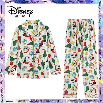 Коледна пижама Disney с Мики, комплект от 2 теми, дамски ризи с дълъг ръкав, Свободни панталони, домашно облекло Y2k, пижама с анимационни тенденция