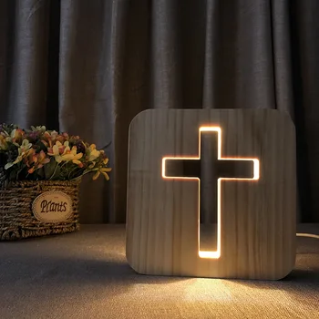 Креативна настолна лампа с 3D дървен кръст, USB-ночники, светодиодно осветление, нощни нощна лампа за спалня, декориране на всекидневна