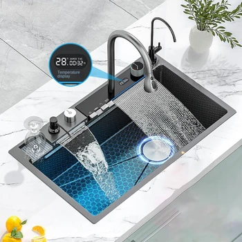 Кухненска мивка с водопад и многофункционален цифров дисплей Кран с релефно покритие от неръждаема стомана Голям кухненски принадлежности с един слот
