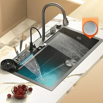 Кухненска мивка с релефа на водопада, на цифровия дисплей от неръждаема стомана, голяма многофункционална мивка с един слот за кухни