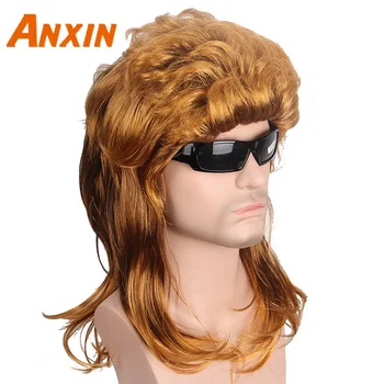 Къса перуки Anxin, златни косми, синтетични перуки, натурална вълна, тъмно-кафява перука за мъже, прическа в стил пънк, модерен перука на популярния певец