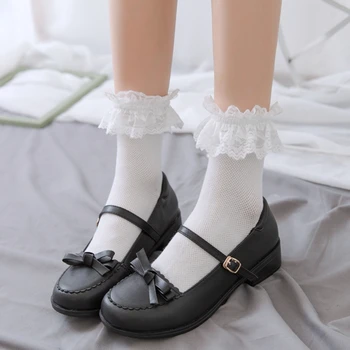 Къси чорапи с рюшами и волани за жени и момичета, Японската Школа, Однотонная Дишаща мрежа, памук Принцеса