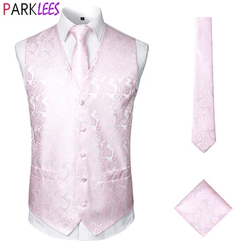 Луксозен Мъжки жаккардовый жилетка розов цвят, с пейсли, 3 бр. копринена жилетка (жилетка + вратовръзка + джоб кърпичка) Смокинг за младоженеца на сватбата, жилетка Homme