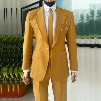Луксозни жълти мъжки костюми и лацканом, однобортные, на една пуговице, за сватбени партита, бизнес, от 2 теми (яке + панталон Trajes de Hombre
