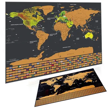 Луксозни скреч карта на света на фона на хартата - скреч карти за пътуване с цветни страни, градове, забележителности, картографи