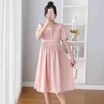 Лятна рокля за бременни 2024 година, ново шифоновое рокля с пищни ръкави за бременни, мода за майки с глоба плисирана талия.