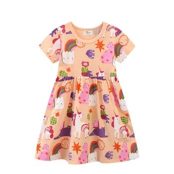 Лятото трикотажное памучни детско модно принцеса рокля с къс ръкав и дигитален печат за момичета