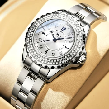 Марка Carnival Луксозни дамски кварцов часовник с диаманти на ремешке от неръждаема стомана, водоустойчив светещи модни дамски часовници Reloj Mujer