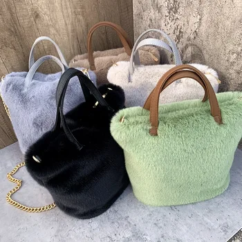 Мек плюшен bag-чанта от изкуствена кожа, пазарска чанта с голям капацитет, зимни Пухкави чанти на веригата, модни дамски однотонная чанта през рамо