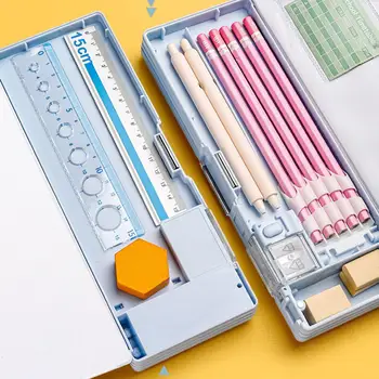 Многофункционална кутия за канцеларски материали, с окачени магнитен капак за момчета и момичета, острилка с две дупки, двуслойни титуляр за моливи