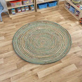 Модерен килим в джутово-памучна оплетке, обратим селски килим, зелен + бежово