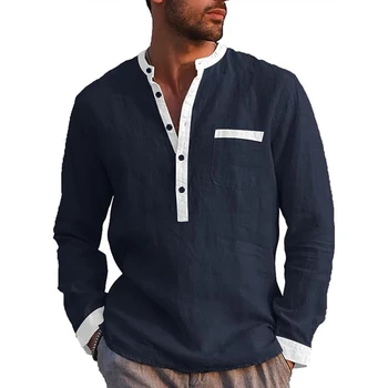 Модерен мъжки ризи с дълъг ръкав, реколта риза Henley, ежедневни широки ризи и блузи копчета с V-образно деколте, потник за мъже