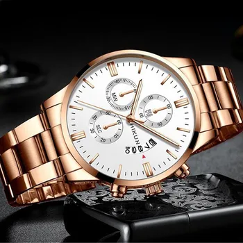 Модерен мъжки часовник Луксозни бизнес ръчни часовници за мъже, розово злато, кварцов часовник от неръждаема стомана, календар, часовник Reloj Hombr