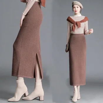Модерен панталон от еластичен колан, однотонная пола с цепка и висока талия, дамски дрехи, 2023, Зимни свободни универсални плетени поли P563