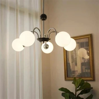 Модерен полилей с бяла стъклена топка за масата за хранене, Хол, спалня, Окачена лампа, Лампа за вътрешно осветление