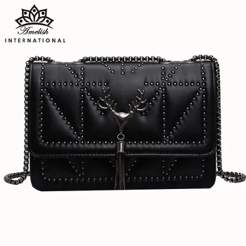 Модерна дамска чанта AMELISH, дизайнерска чанта за рамо с нитове и пискюли, високо качество черни портфейли-верига от изкуствена кожа за дама, подарък за парти