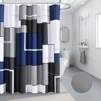 Модерна проста тъмно синьо геометрична завеса за душ Аксесоари за баня Декор в Черно-сивата завеса за душ с куки