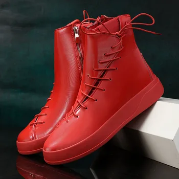Модерни обувки за скейтборд дантела, Мъжки Кожени Ежедневни обувки, Мъжки Червени Дизайнерски обувки с висок берцем, Мъжки Градинска обувки в стил Хип-хоп, Бяла
