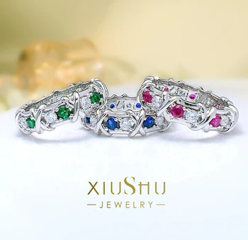 Модерно и луксозно цветен пръстен-съкровище от сребро проба 925 с инкрустиран от высокоуглеродистых диаманти за жени