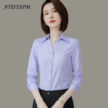 Модни дамски официални блузи 2023 Есен Зима Елегантен офис бизнес Основни блузи, Ризи Корея реколта однотонная облекло