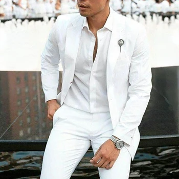 Модни Летни Бели Сватбени Костюми за Мъже, Смокинги Младоженеца, Мъжко Сако от 2 части, Оборудвана Мъжки костюм Homme (Яке + панталон)