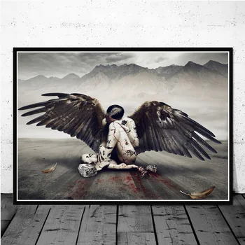 Момиче с крила на Орел Отпечатъци върху платно плакат с ранените ангел, живопис на съвременната стената, картина за декорация на всекидневна