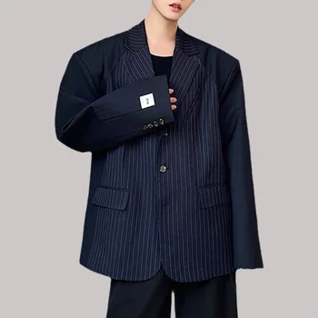 Мъжки блейзър с ревера и дълъг ръкав, безплатно, голям тираж, тъмно синьо райе лоскутный наплечник, Корейски стилни ежедневни палто