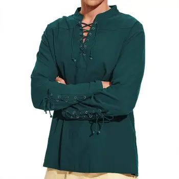 Мъжки блузи с висока яка в стил ретро, Мъжка риза с висока яка и V-образно деколте и дантела в ретро стил, Обикновен Пуловер Свободно намаляване в стил Пънк