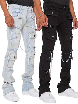 Мъжки есен нова градинска мода в стил хип-хоп, рок, персонални еластична работно облекло с множество джобове, дънкови панталони с прав штанинами